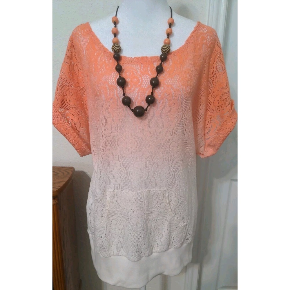 Miss Chievous Women's Sheer Lace Tangerine & White Short Sleeve Top. Size XL